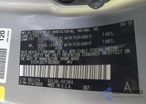 2015 Toyota Sienna Xle 8 Passenger z USA, uszkodzony, nr VIN 5TDYK3DC7FS659864